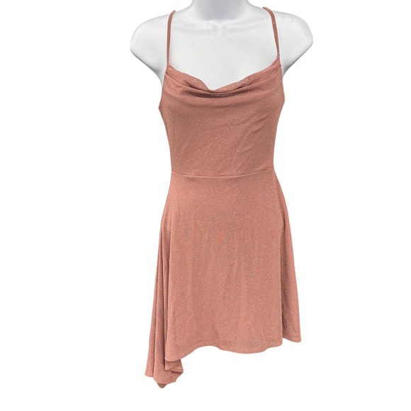 GLARE‎ Rose Pink Sparkle Party Dress Cowl Neck Criss Cross Back - Picture 1 of 10